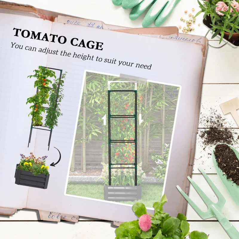 Outsunny Galvanized Planter Box, Outdoor Raised Garden Bed with 4-Tier Trellis Tomato Cage for Climbing Vines, Vegetables, Grey