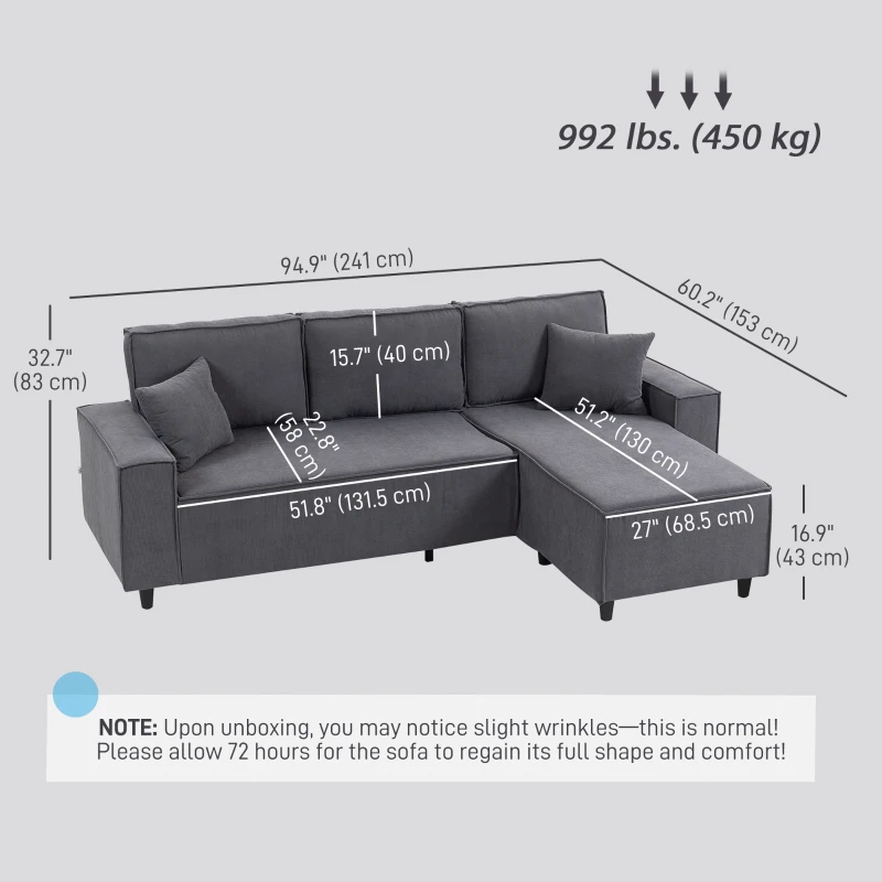 HOMCOM Corner Sofa with Changeable Chaise, Corduroy L-Shaped Sectional Sofa with Pocket Spring, 2 Pillows, Charcoal Grey