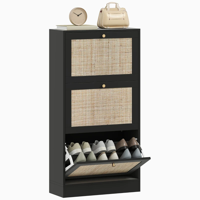 HOMCOM Rattan Shoe Storage Cabinet with 3 Flip Drawers and Adjustable Shelves, Entryway Shoe Cabinet for 18 Pairs, Black