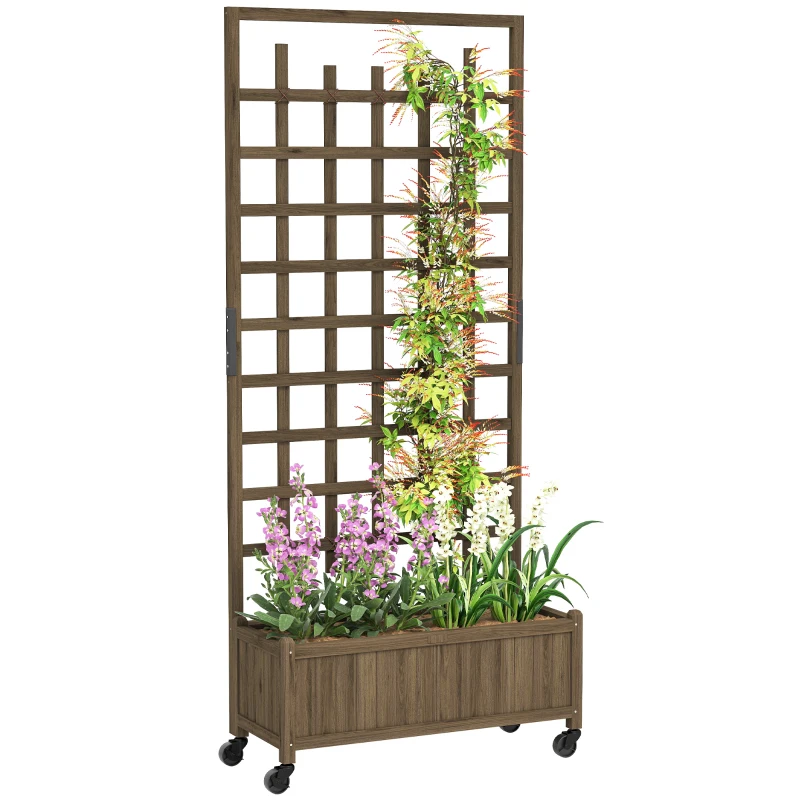 Outsunny Wooden Planter with Trellis, Raised Garden Bed with Wheels, Drainage Holes for Climbing Plants, Flowers, Brown