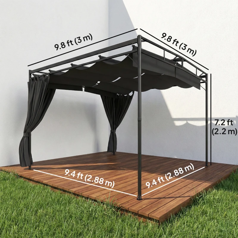 Outsunny 10' x 10' Retractable Pergola Canopy, Outdoor Pergola with Curtains, Metal Garden Gazebo Sun Shade Shelter for Patio