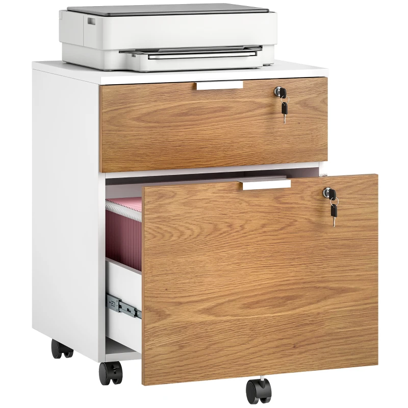 HOMCOM 2 Drawer Small Filing Cabinet Lockable Office Storage Cabinet with Hanging Bars for A4 Legal Letter White Nature Wood
