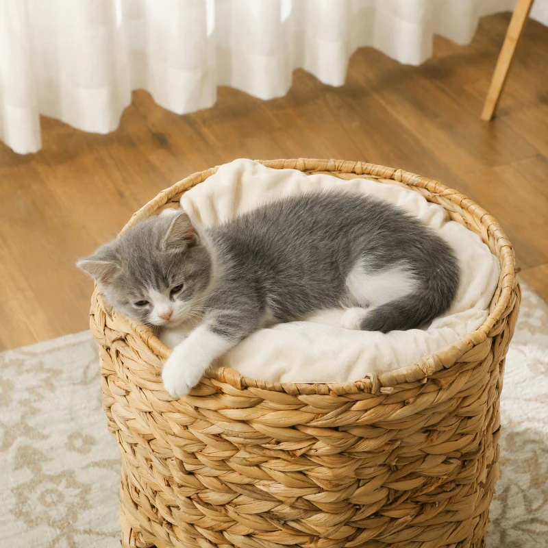 PawHut 2-Storey Cat Condo Barrel, Small Cat Tree Tower with Top Perch and 2 Hideaways, 2 Entrances, 3 Cushions, Light Brown