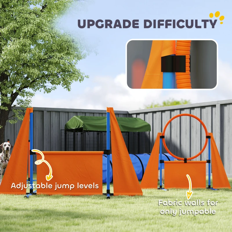 PawHut 10 PCs Dog Agility Training Equipment Set Outdoor Indoor, Dog Agility Course Backyard Set with 2 Tunnels, Weave Poles