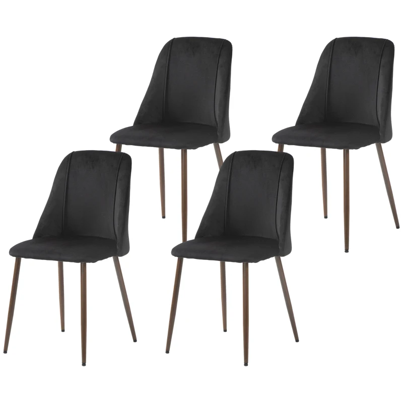 HOMCOM Upholstered Dining Chairs Set of 4, Velvet Accent Chair with Back and Wood-grain Steel Leg for Kitchen, Black