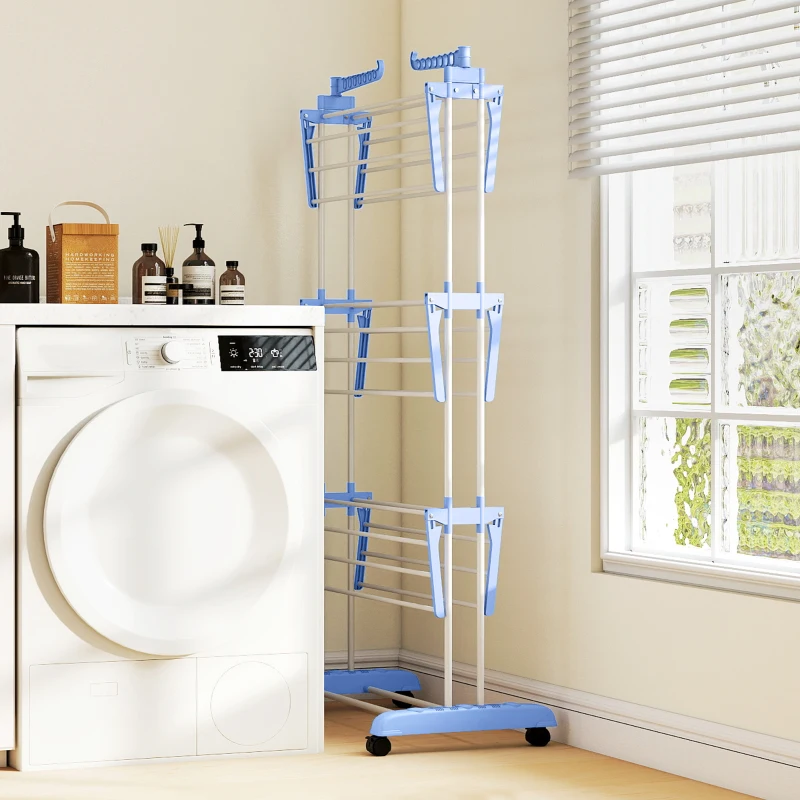 HOMCOM Foldable Clothes Drying Rack, 4-Tier Steel Laundry Rack for Drying Clothes with 2 Side Wings and 4 Castors, Indoor and Outdoor Use, Blue