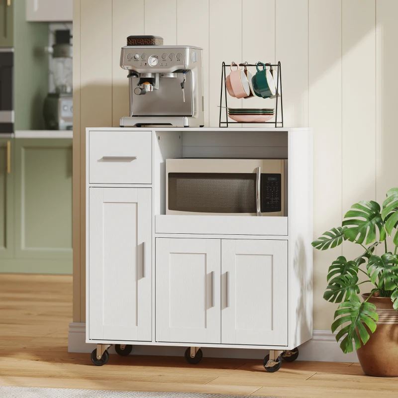 HOMCOM Microwave Cabinet Kitchen Cart Sliding Tray Adjustable Shelf Cable Hole 31.5" x 15.7" x 34.9" in White