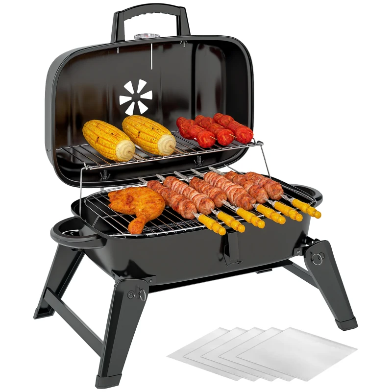 Outsunny Charcoal BBQ Grill, Foldable Barbecue Grill with Warming Rack, Adjustable Vent, Thermometer, Handles, Black
