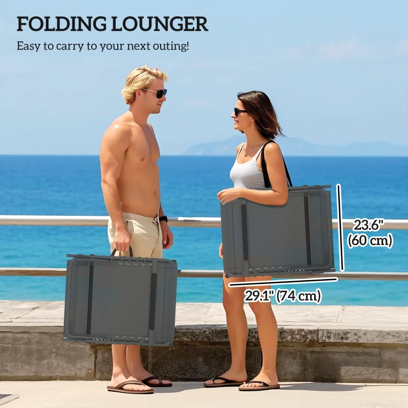Outsunny Outdoor Lounge Chair Set of 2, Folding Chaise Lounge Tanning Chair with Cushion, Side Pocket, Grey