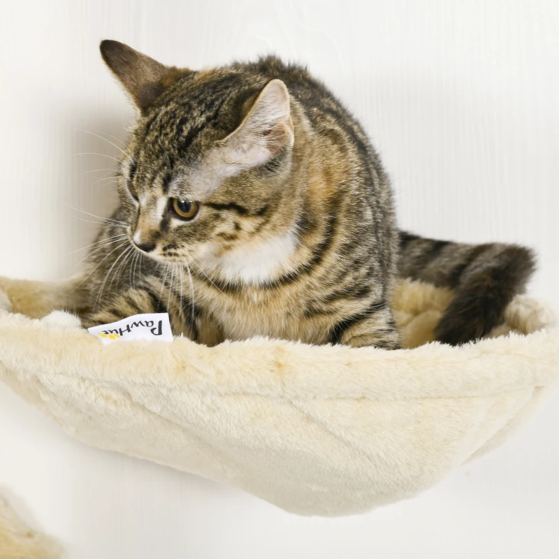 PawHut Wall-Mounted Cat Tree with Hammock for a Cute Cat Bed, Modern Cat Tree with Scratching Post & Cat Shelves, Climbing Playground Kitty Tower