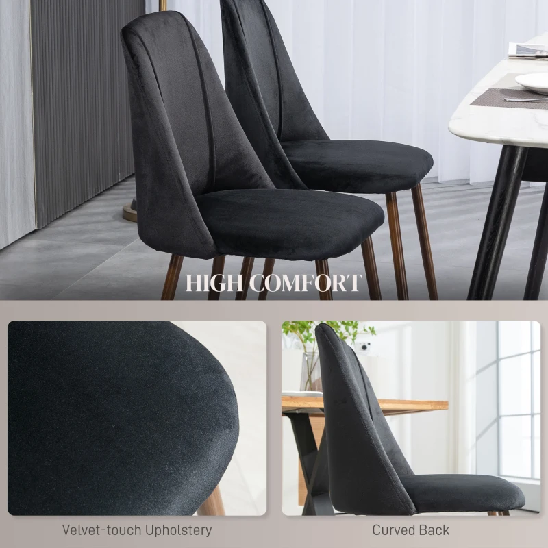 HOMCOM Upholstered Dining Chairs Set of 4, Velvet Accent Chair with Back and Wood-grain Steel Leg for Kitchen, Black