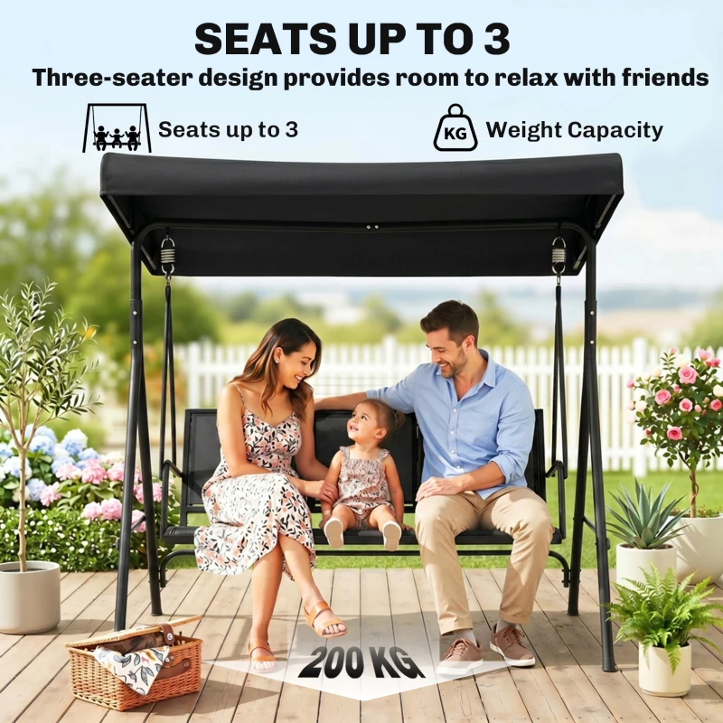 Outsunny 3-Seater Swing Chair Covered Garden Hammock A-Frame Outdoor Porch Glider Sling Seat with Adjustable Canopy Cover, Black