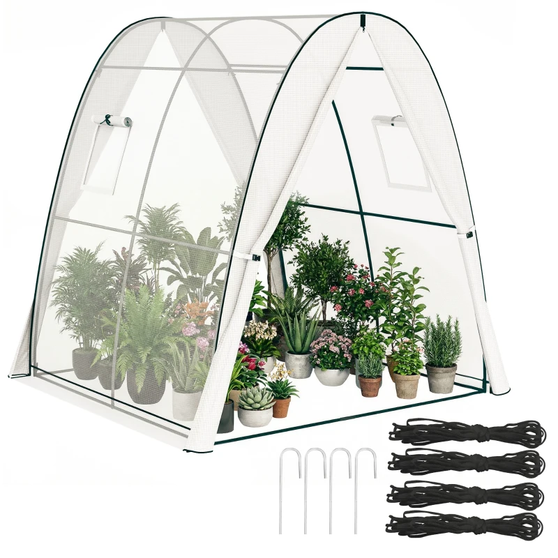 Outsunny Tunnel Hoop House Greenhouse with Sandbags and Hemmed PE Cover, 2 Doors and Screen Windows, 6' x 6' x 6.6', White