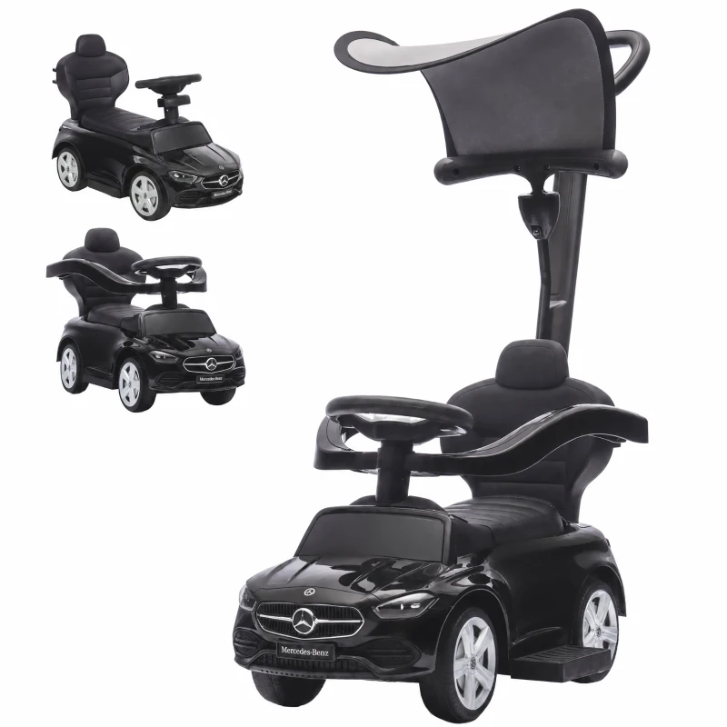 Qaba 3 in 1 Toddler Push Car Licensed Mercedes-Benz with Push Handle, Canopy, Guardrails, Horn, Music for 18-36 Months, Black