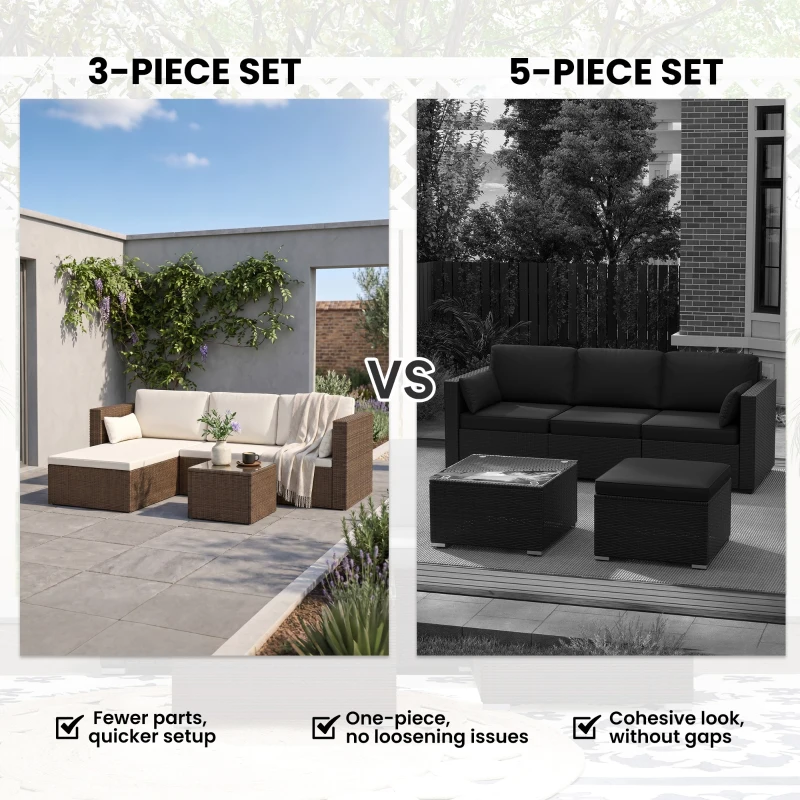 Outsunny 3pcs Modern Rattan Sofa Set, Wicker Patio Furniture Set with Coffee Table, Cushions, Pillows