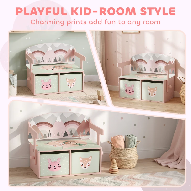 Qaba Kids Toy Box Chest, 3-in-1 Convertible Storage Chest with 2 Non-Woven Drawers for Bedroom, Kids Room for Ages 3-6, Pink