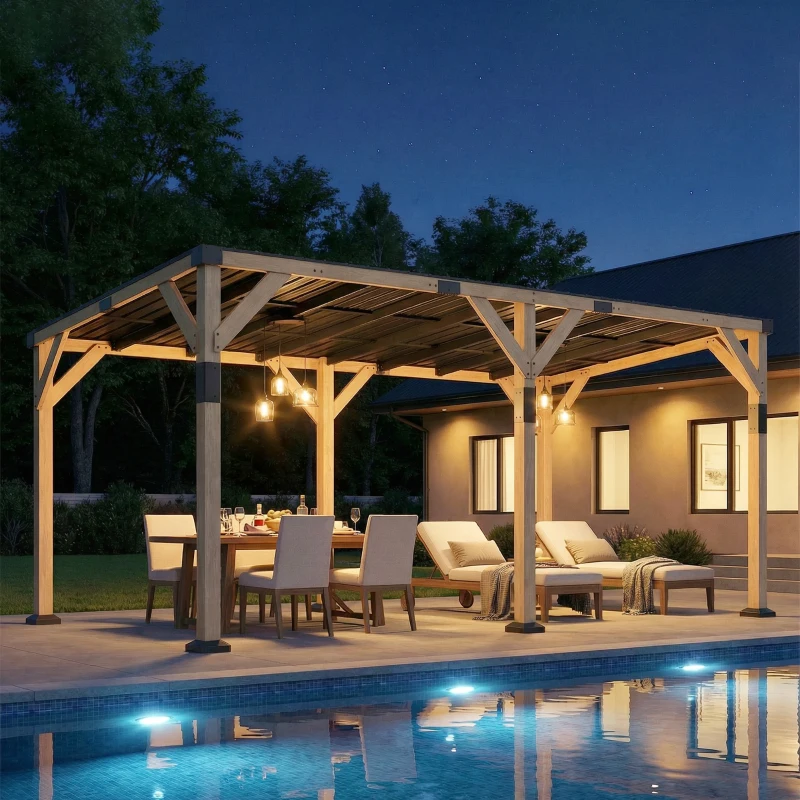 Outsunny 10' x 20' Wooden Gazebo, Hardtop Lean-to Gazebo Pergola with Galvanized Steel Sloped Roof, Light Walnut
