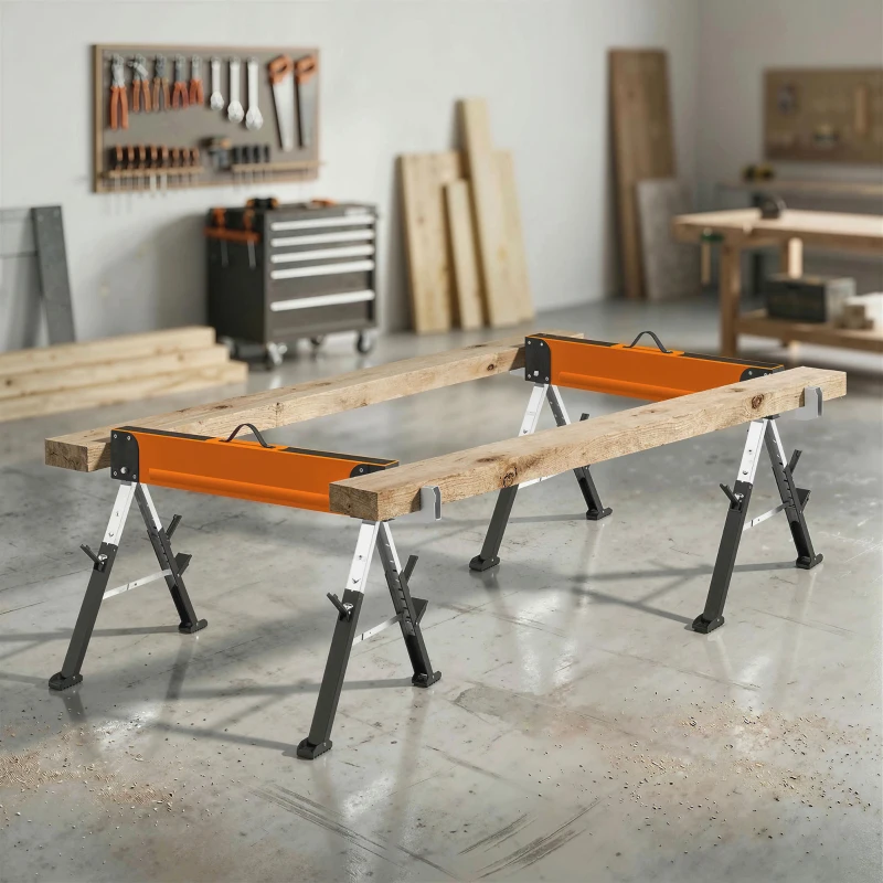 HOMCOM Saw Horses 2 Pack, Folding Heavy Duty Sawhorses with Adjustable Height and 2x6 Bracket, Carry Handle, Orange
