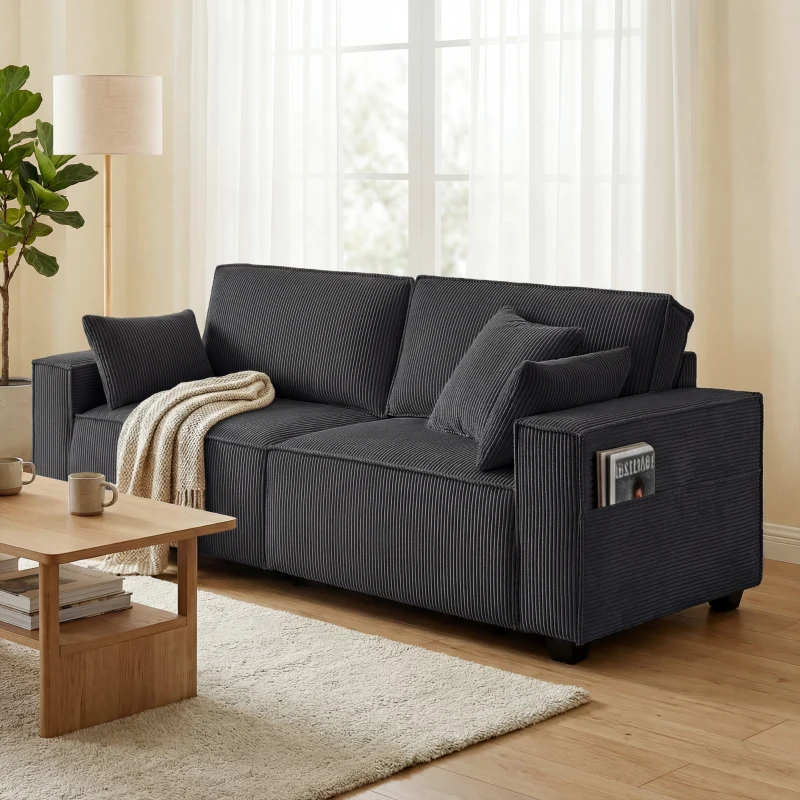 HOMCOM 86" 3 Seater Sofa, Modern Corduroy Upholstered Couch, Dark Grey