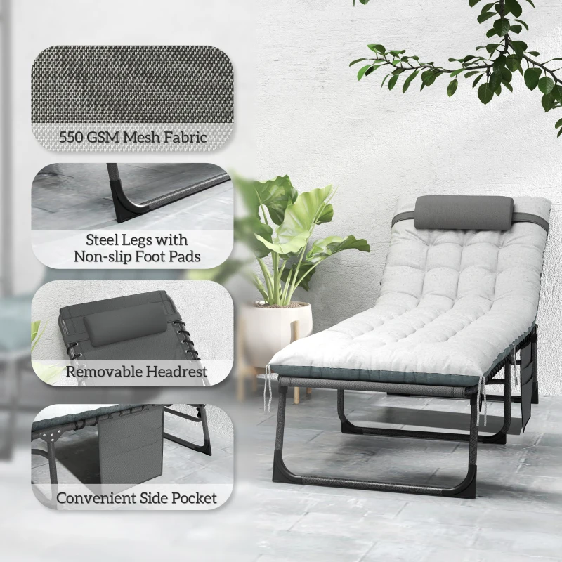 Outsunny Outdoor Lounge Chair Set of 2, Folding Chaise Lounge Tanning Chair with Cushion, Side Pocket, Grey