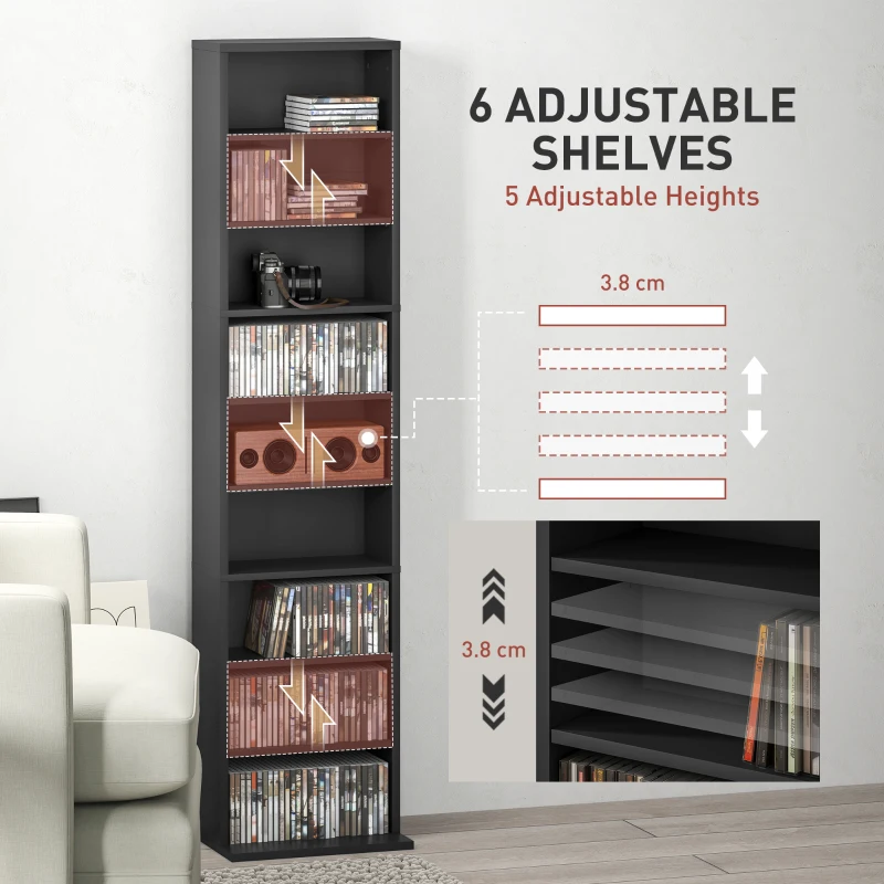 HOMCOM Media Storage Cabinet, 9-Tier Tall Narrow DVD Shelf with 6 Adjustable Shelves, Black