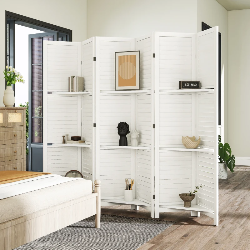 HOMCOM 6 Panel 67" Tall Wood Privacy Screen Room Divider with 3 Shelves and Folding Storage for Bedroom, White
