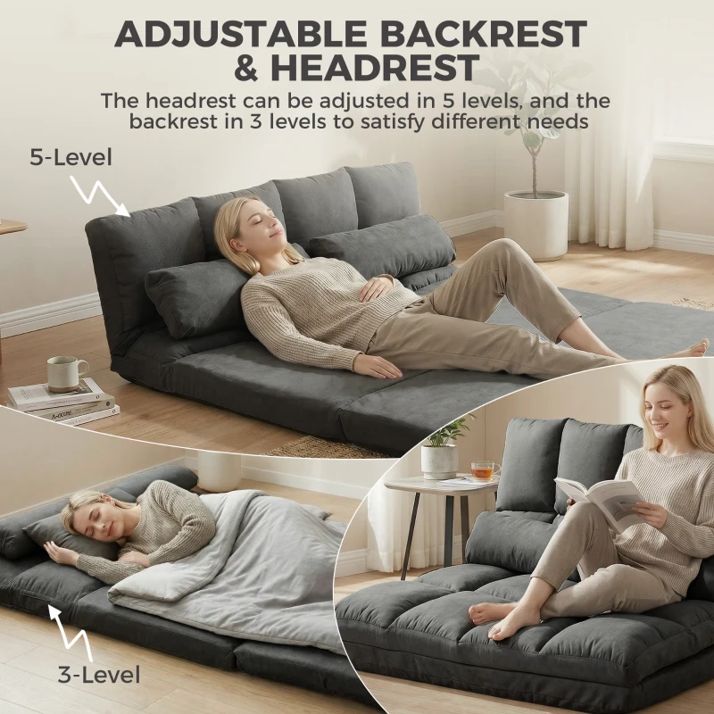 HOMCOM Convertible Recliner Sofa, Folding Floor Sofa Chair with Adjustable Backrest and Headrest, Dark Gray