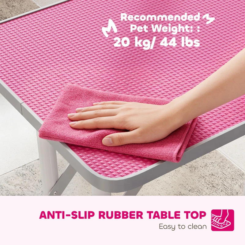 PawHut Foldable Pet Grooming Table for Dogs Cats with Adjustable Arm, Non-slip Surface, Pink