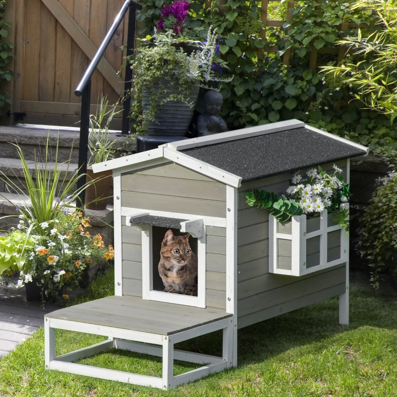 PawHut Wooden Cat House Outdoor with Door, Weatherproof 2-Floor Feral Cat Shelter with Asphalt Roof, Balcony, Dark Gray