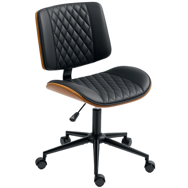 HOMCOM Home Office Chair No Arms with Wheels, PU Leather Desk Chair with Adjustable Height, 360 Swivel for Reading, Black