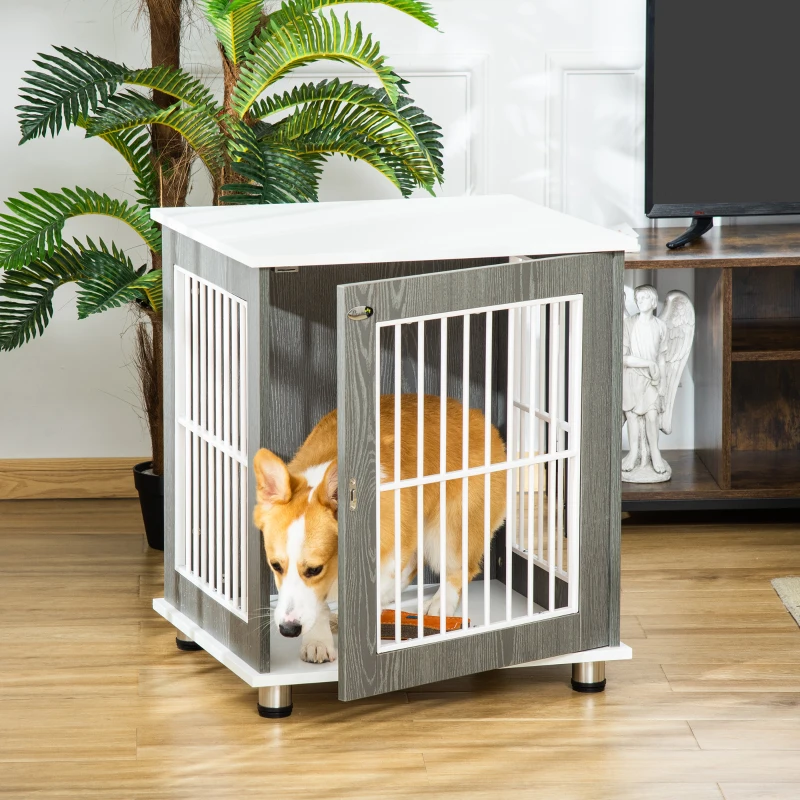 PawHut Wooden Dog Kennel, Furniture End Table with Lockable Door, Small Size Pet Crate Indoor Animal Cage, Grey
