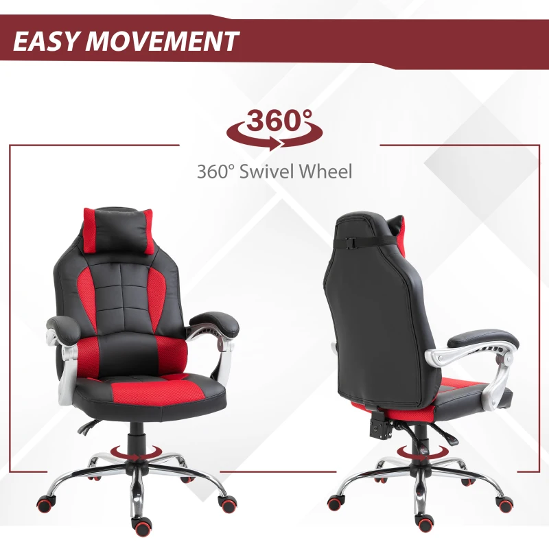 HOMCOM Racing Gamer Chair, High Back Faux Leather Gaming Chair with Headrest and Lumbar Support, Red