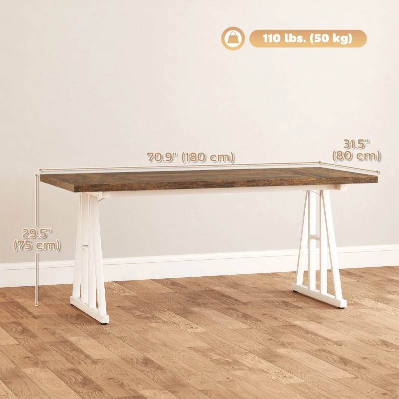 HOMCOM Farmhouse Kitchen Table for 8, Rectangular Dining Table with Thick Tabletop and Steel Trestle Legs, Brown and White