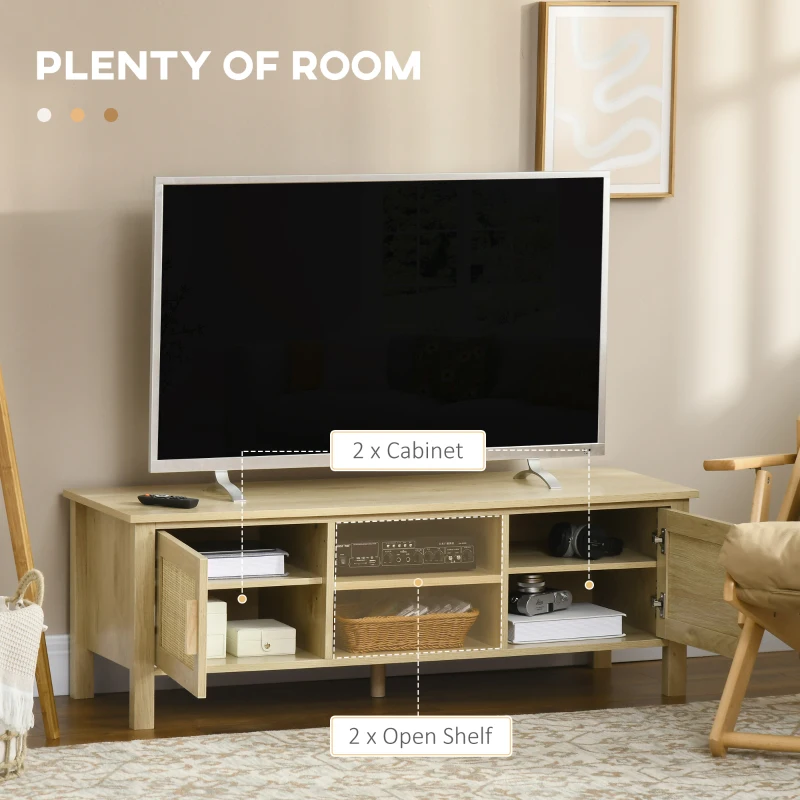HOMCOM Boho TV Stand for 60 Inch Television, Entertainment Center with Rattan Door, Adjustable Shelf, and Storage Cabinets, Wood TV Console Cabinet for Living Room, Bedroom, Natural Wood