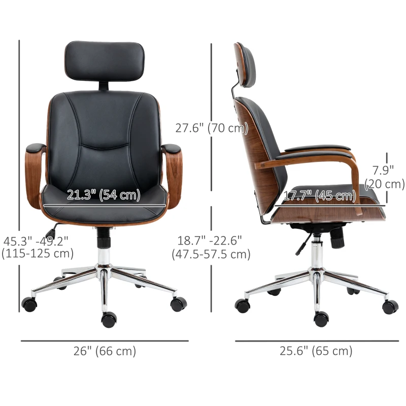 HOMCOM Office Chair, PU Leather Desk Chair with Removable Headrest, Adjustable Height, Tilt Function and with Wheels, Black