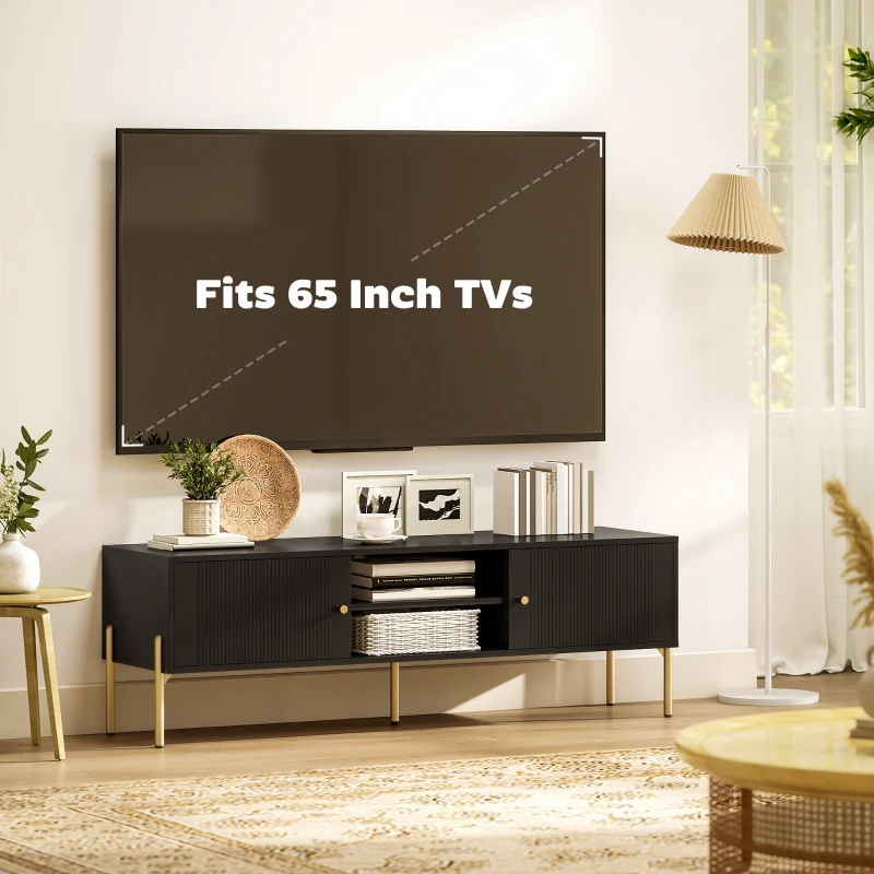HOMCOM TV Stand for TVs up to 65", Entertainment Center with 2 Open Shelves, 2 Cabinets and Steel Legs for Living Room, Black