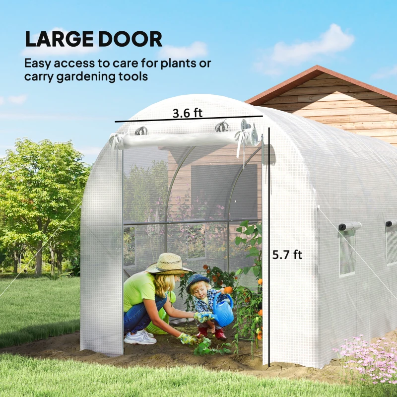 Outsunny Hoop House Greenhouse, Walk-in Tunnel Greenhouse with 2 Support Rods, Zippered Roll-up Mesh Door, 14.6'x6.5'x6.6', White