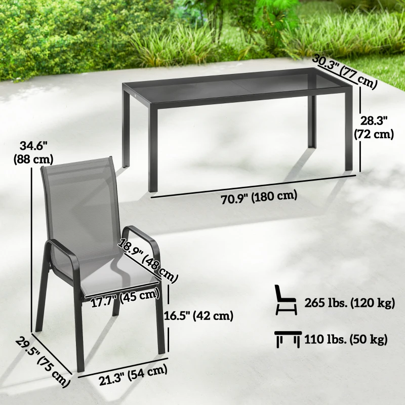 Outsunny 9 Pieces Patio Set with Stackable Chairs, Patio Dining Set with Glass Top for Garden, Patio, Backyard, Light Grey