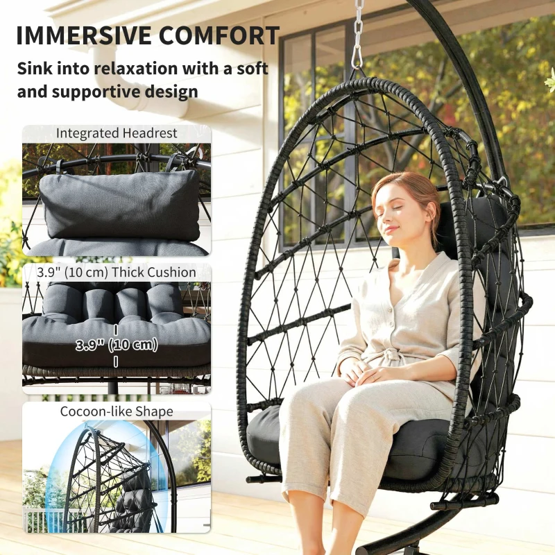 Outsunny Hanging Egg Chair with Stand, Foldable Wicker Rattan Swing Chair with Thick Cushion and Safety Rope, Black