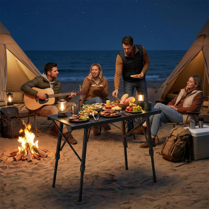 Outsunny Adjustable Height Folding Picnic Table with Removable Plates, Aluminum Camping Table, Black