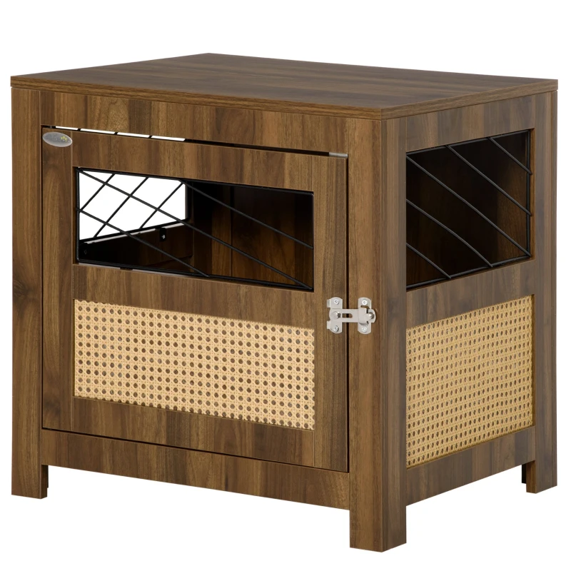 PawHut Dog Crate Furniture with Cushion, Wooden Dog Kennel End Table with Lockable Door, for Miniature Dogs, Indoor, Walnut