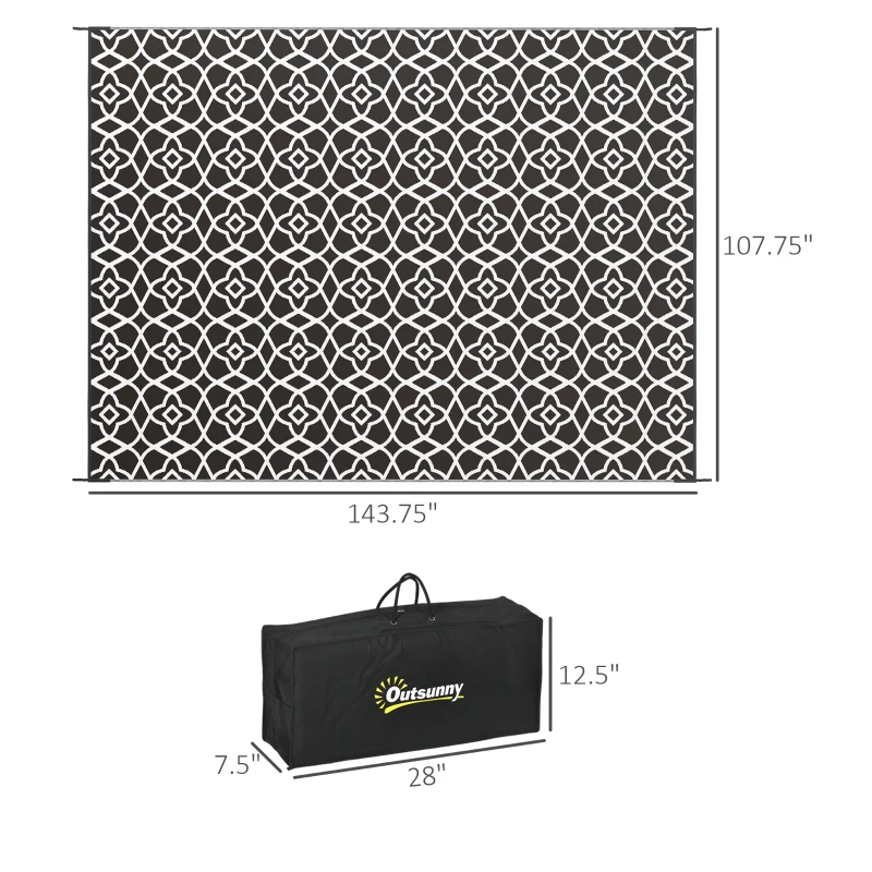 Outsunny Reversible Outdoor Rug Carpet RV Camping Rugs with Carry Bag, 9' x 12', Black & White Clover