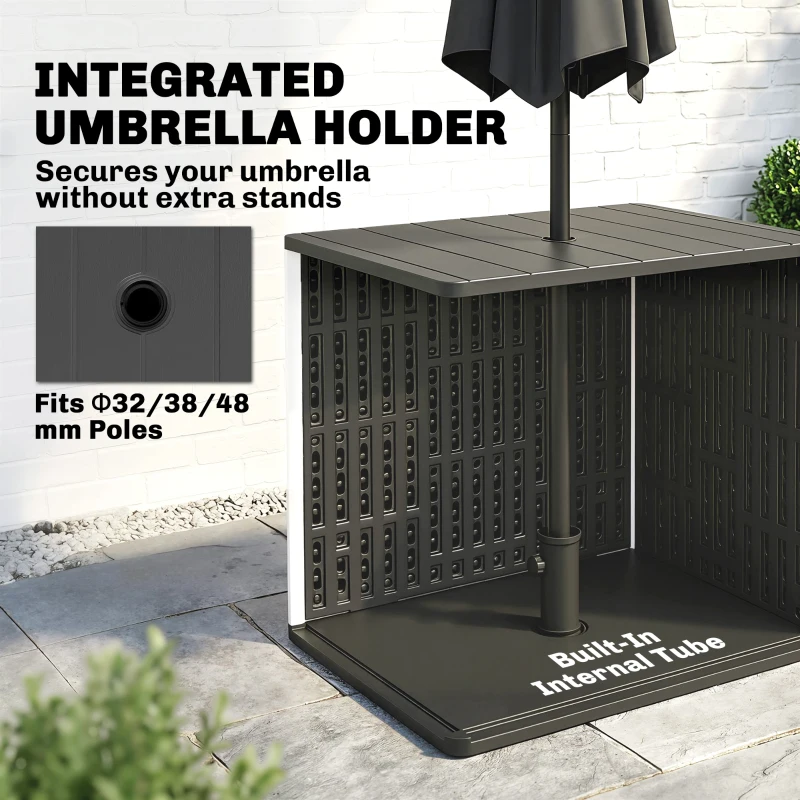 Outsunny 30 Gallon Storage Box, Outdoor Side Table with Umbrella Holder, Black
