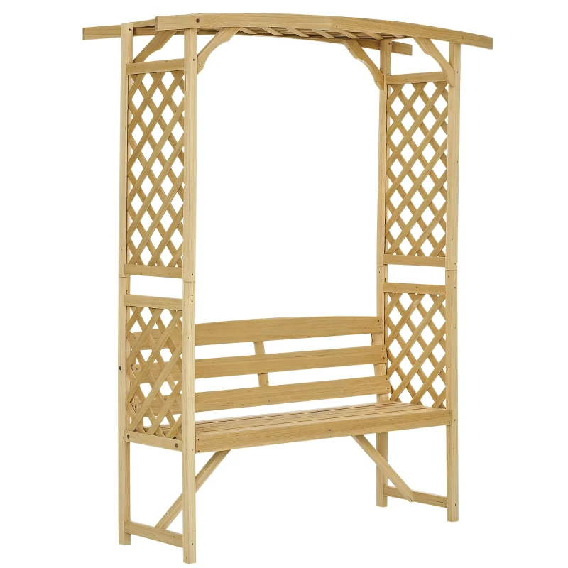 Outsunny Garden Arch with 2 Person Bench, Wooden Garden Arbor Archway Trellis for Climbing Plants, Lawn, Backyard Decor, Natural