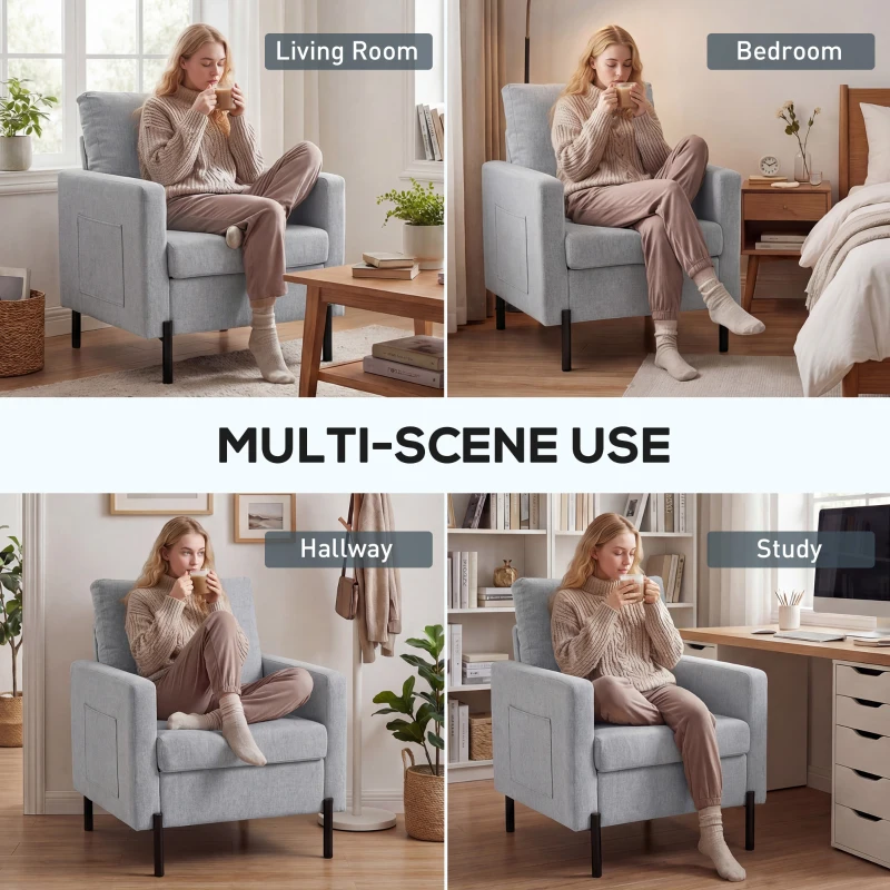 HOMCOM Accent Chair Modern Upholstered Armchair with Side Pockets and Cushion for Bedroom, Living Room, Light Grey