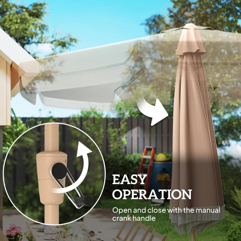 Outsunny 9 ft Patio Umbrella with Push Button Tilt and Crank, Fringed Outdoor Market Table Umbrella Parasol, Khaki