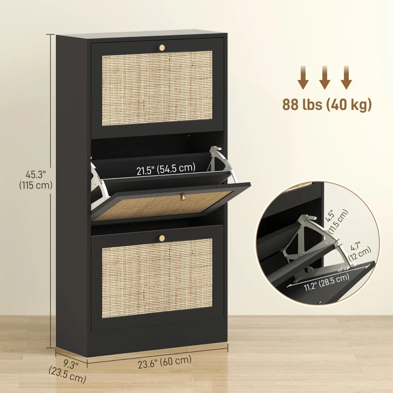 HOMCOM Rattan Shoe Storage Cabinet with 3 Flip Drawers and Adjustable Shelves, Entryway Shoe Cabinet for 18 Pairs, Black