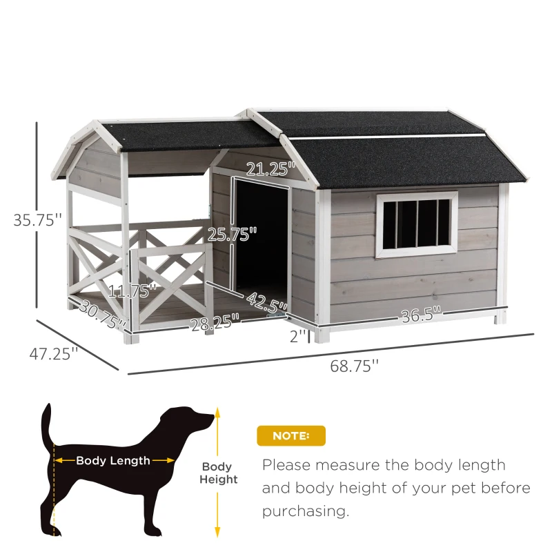 PawHut Outdoor Dog House Cabin Style, Wooden Raised Dog Shelter with Asphalt Roof, Front Door, Side Window, Porch for Medium to Large Dogs, Gray