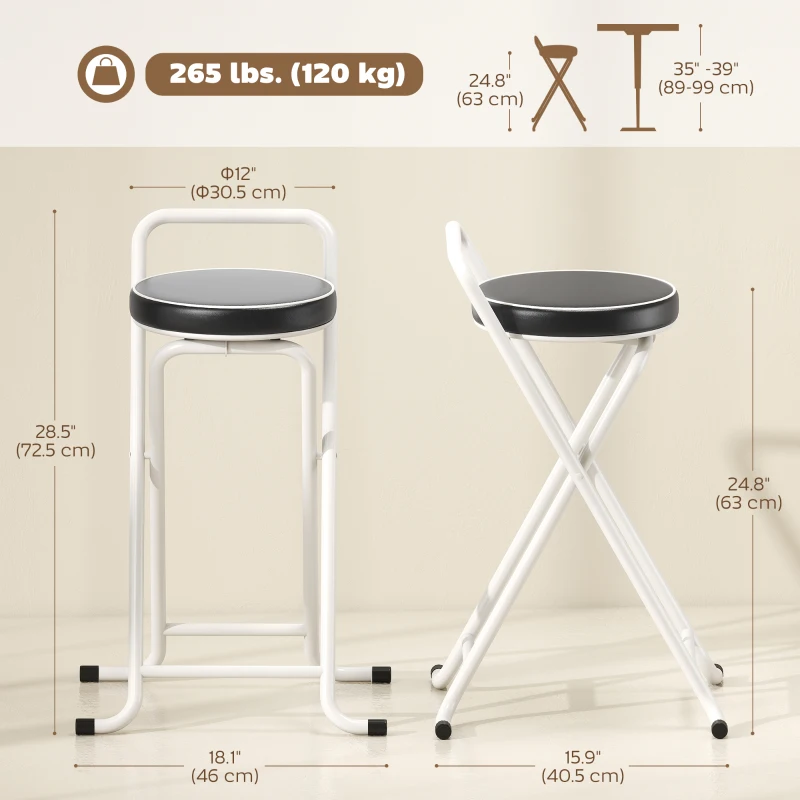 HOMCOM Foldable Bar Stools Set of 2, Folding Kitchen Chairs with PU Cushioned Seat, Footrest, Black