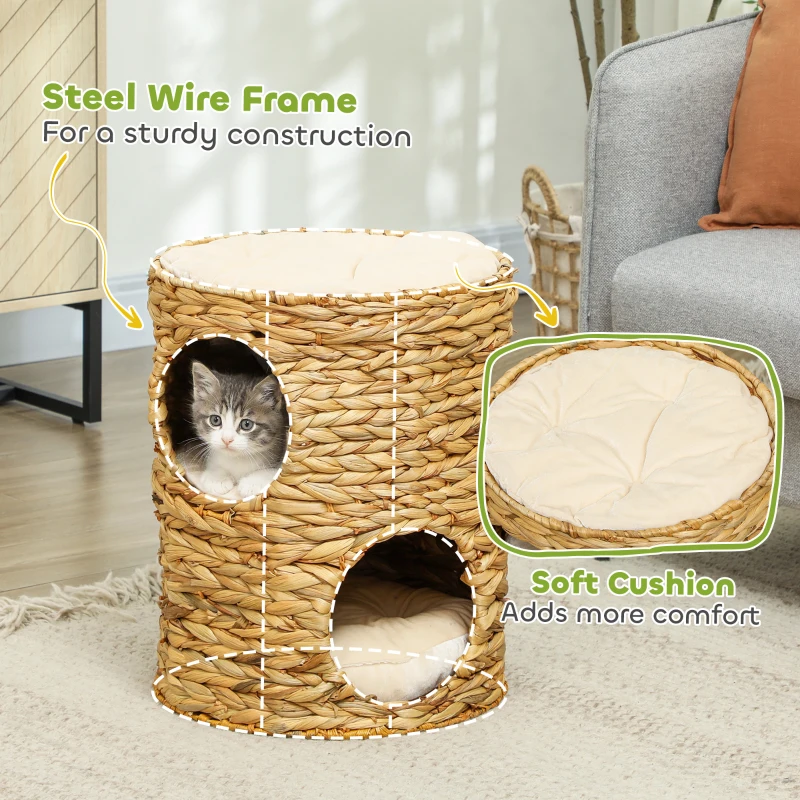 PawHut 2-Storey Cat Condo Barrel, Small Cat Tree Tower with Top Perch and 2 Hideaways, 2 Entrances, 3 Cushions, Light Brown